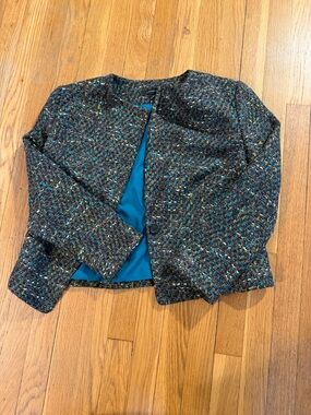 Ann Taylor Teal-Lined Multicolor Tweed Collarless Jacket